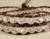 Crystal Wrap Bracelet, Beaded Leather Wrap Bracelet, Chan Luu Style, Double Wrap Bracelet, Beaded Clear Crystal Bracelet, Boho Bracelet