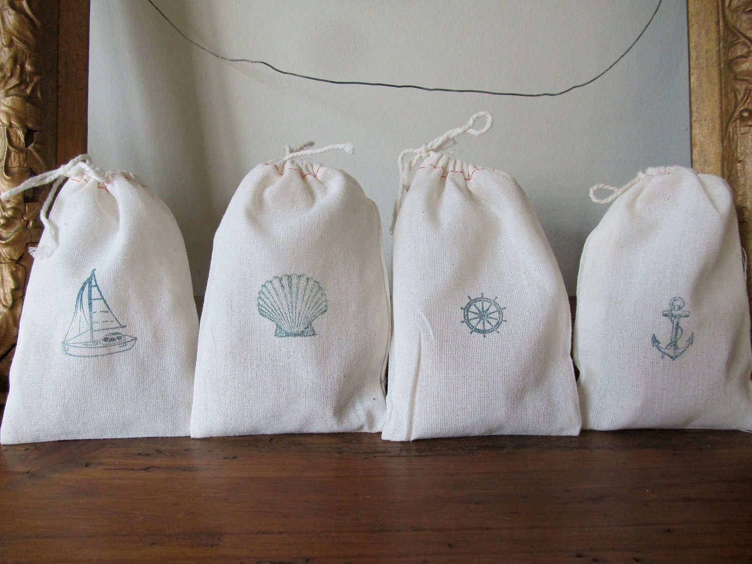 Muslin Drawstring Bag in Nautical Theme - SET OF 10 - Wedding Favors