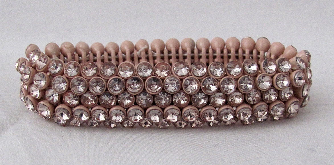 Hold for Deb - Very Vintage Coral Enameled Rhinestone Stretchable Bracelet - Circa 1930s - WOW Factor