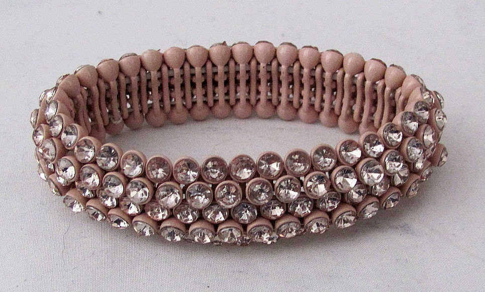 Hold for Deb - Very Vintage Coral Enameled Rhinestone Stretchable Bracelet - Circa 1930s - WOW Factor
