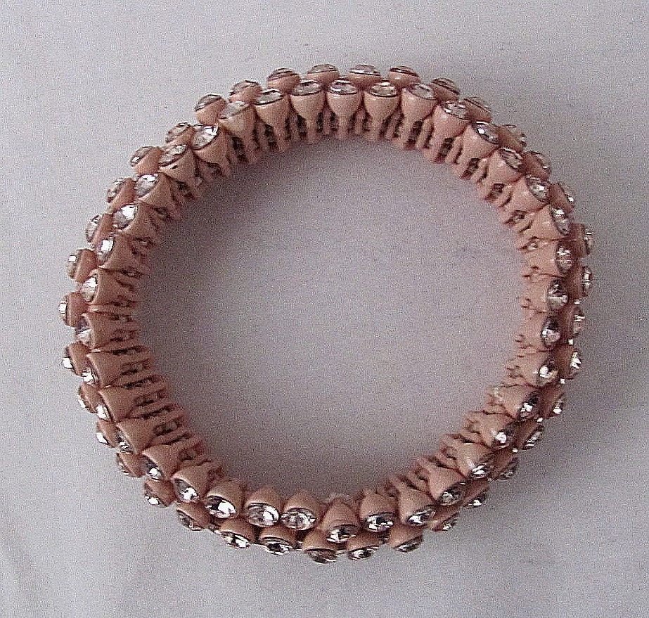 Hold for Deb - Very Vintage Coral Enameled Rhinestone Stretchable Bracelet - Circa 1930s - WOW Factor