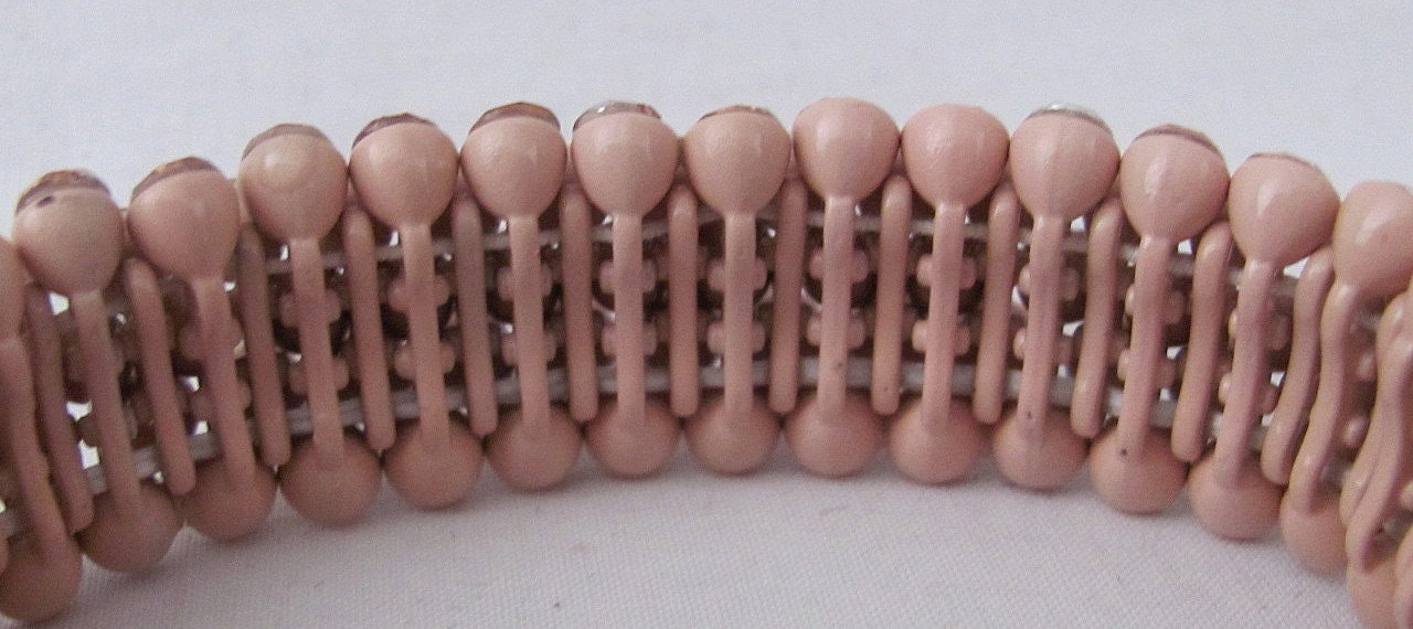 Hold for Deb - Very Vintage Coral Enameled Rhinestone Stretchable Bracelet - Circa 1930s - WOW Factor