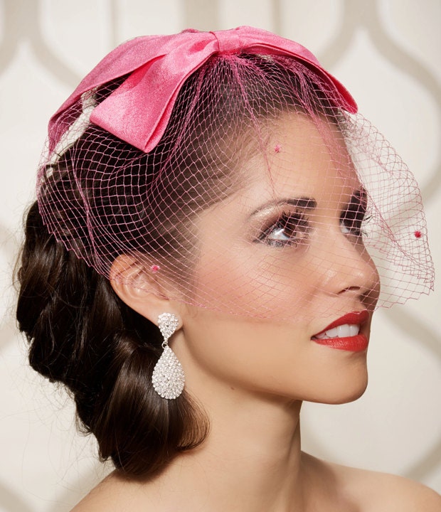 Pink Bow Cocktail Hat, Derby Hat, Birdcage Veil Bridal Head Piece 1940 Vintage - One of a Kind - ELISE PINK