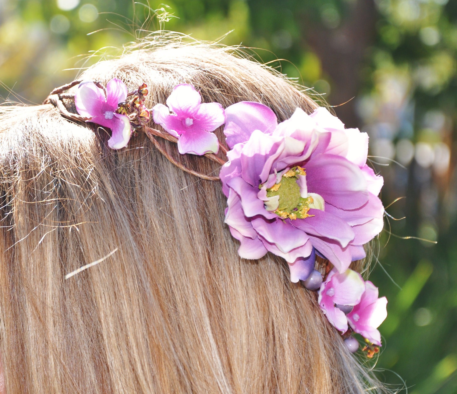 Flower Crown, Flower Hair Crown, Rustic Woodland Crown, Flower Hair Wreath with Gorgeous Purple flowers
