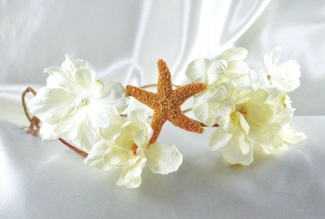 Flower Bridal Crown Head Wreath Starfish Headband, Ivory Flowers Bohemian Flower Crown Perfect for a Beach Wedding
