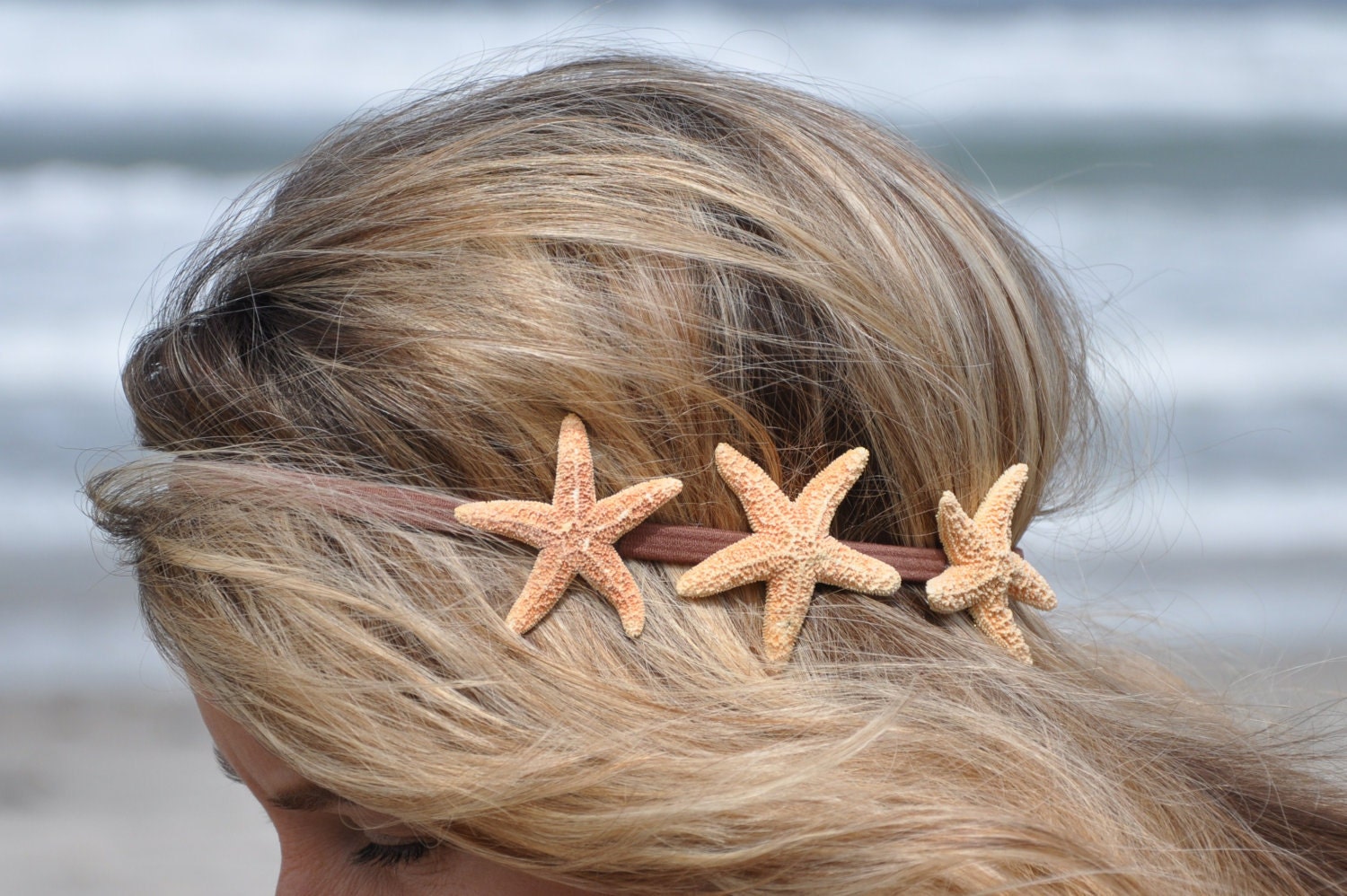 Triple Starfish Headband Three Starfish on Elastic Headband Hippie Headwrap