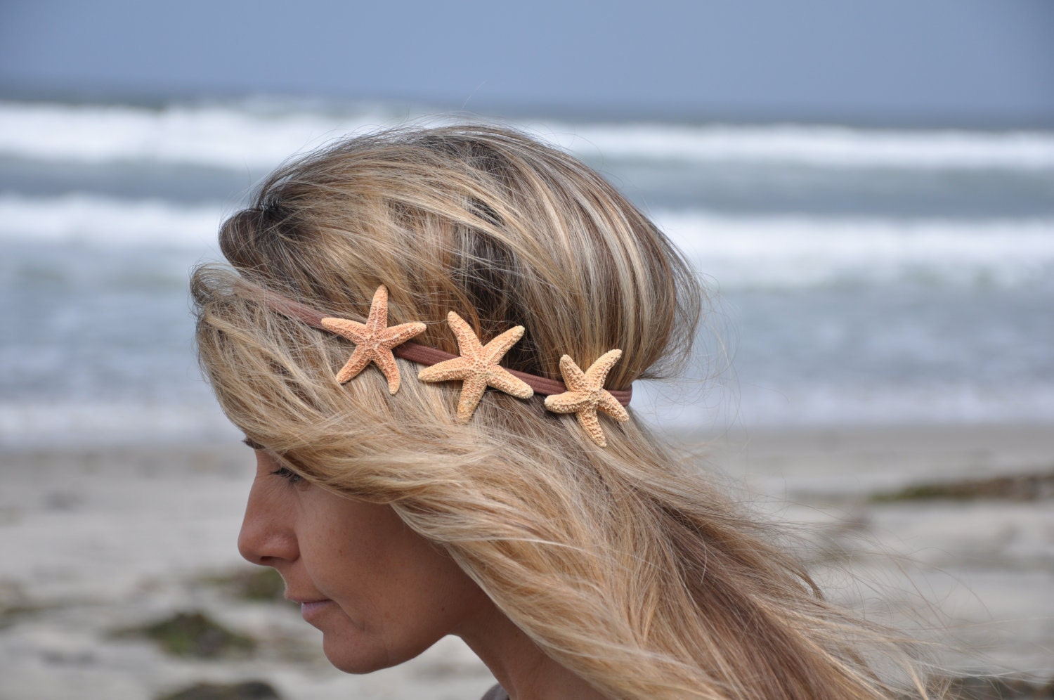 Triple Starfish Headband Three Starfish on Elastic Headband Hippie Headwrap