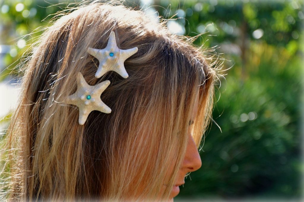 White Starfish Hair Clips, Sparkly Glitter Starfish with Aqua Teal Rhinestones, Two Included on Alligator Clips