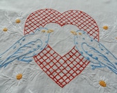 Vintage White Love Birds Bluebirds Runner Dresser Scarf Crocheted Hem Red Heart White Daisies