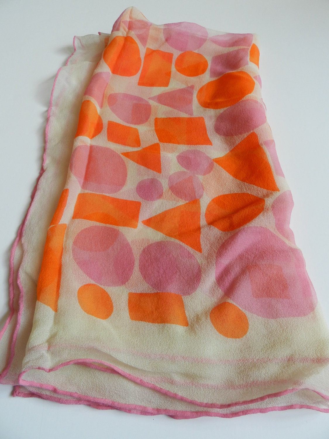 Vintage Bright Orange Pink Circles Triangles Rectangles Squares Sheer Scarf