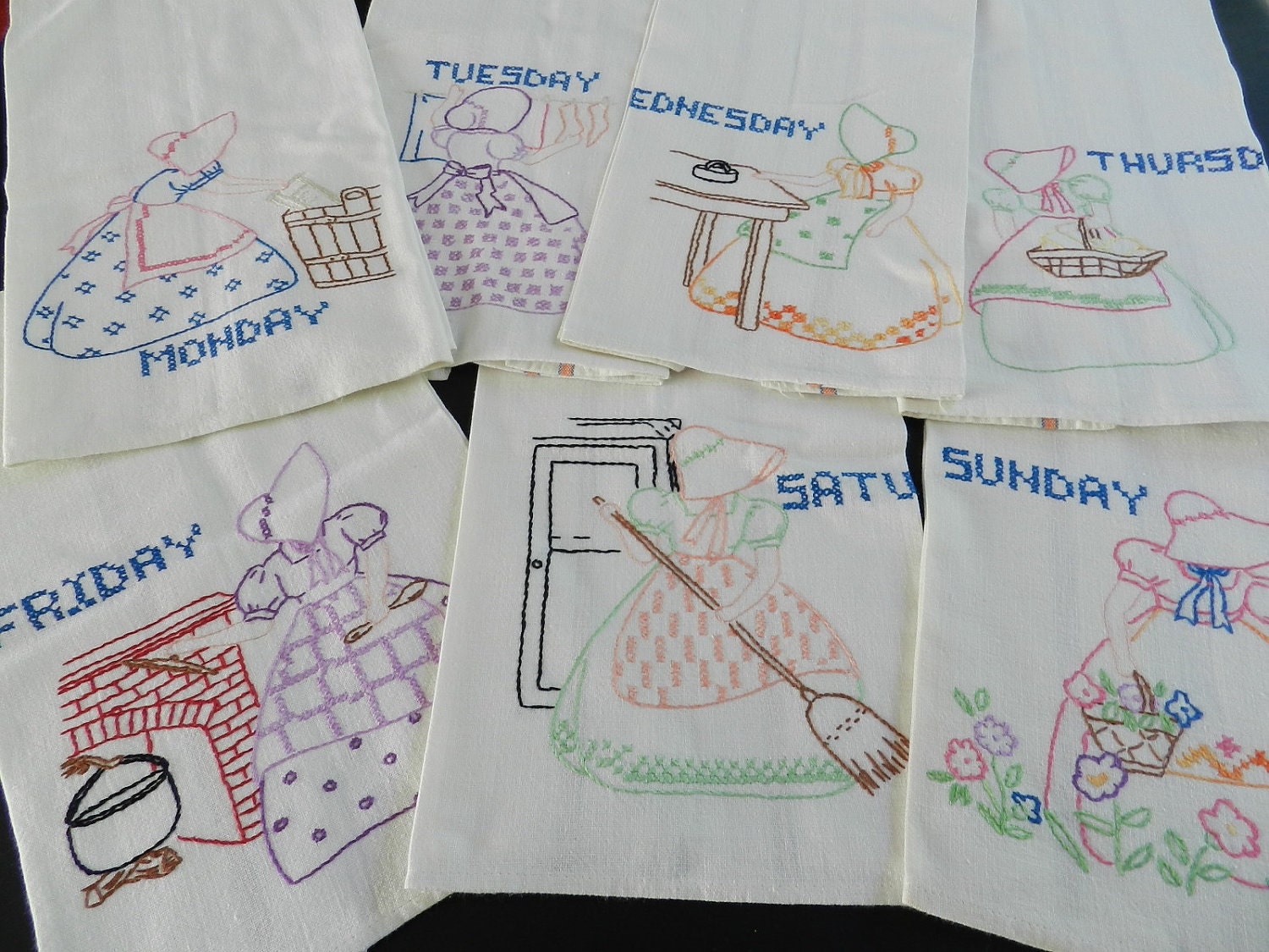 Reserved Vintage Days of the Week Monday to Sunday Embroidered Dish Towels Set of 7
