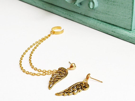 Gold Hearts and Wings Ear Cuff (Pair)
