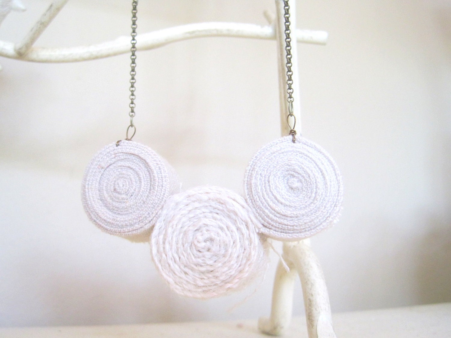 Natural Statement Necklace, Bib Necklace, Geometric Spheres Earthtones Necklace , Linen, Burlap & Muslin Natural Fabrics