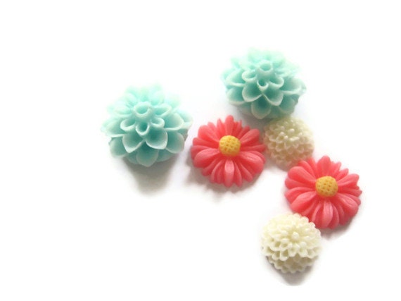 Coral, Seafoam & White Flower Earrings, 6pc.Set, Summer Colors, Beach Wedding Bridesmaid Earrings
