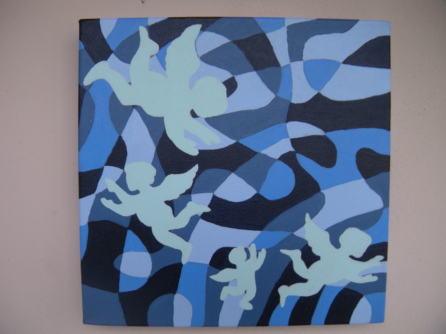 Acrylic Abstract Painting in shades of Blue with Angel or Cherub Silhouettes