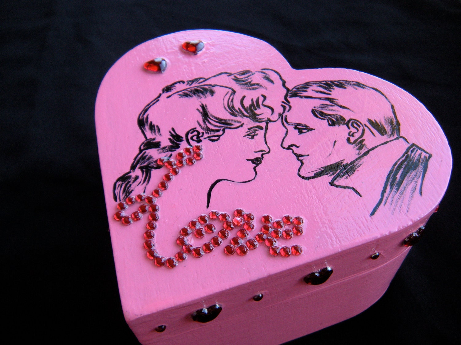 Hand Painted Wooden Heart Shaped Jewelry Box perfect for Valentine's Day embellished with Rhinestones