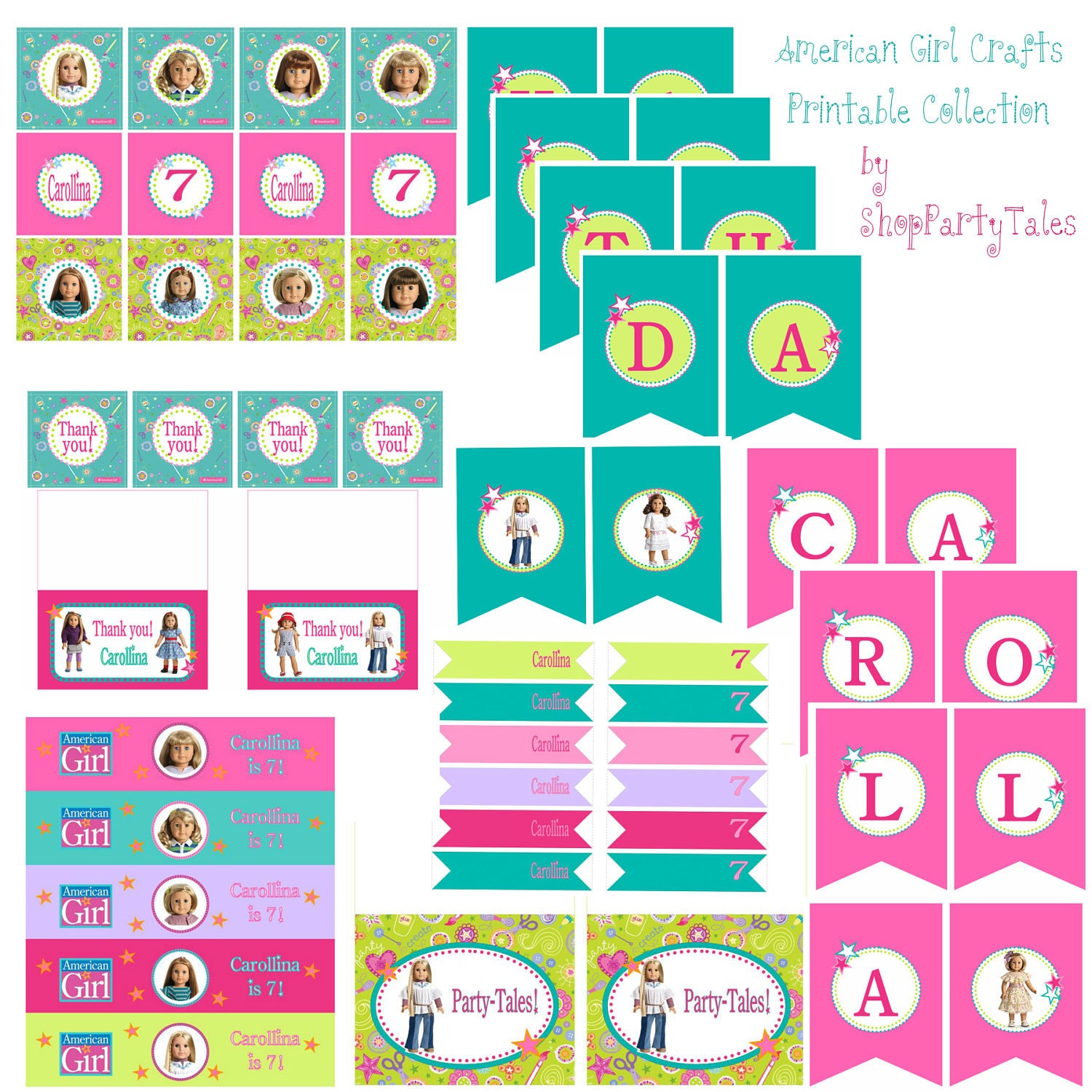 American girl crafts doll party COLLECTION cupcake toppers favors food sweet labels Water bottle Birthday Banner Printable YOU CHOOSE Dolls