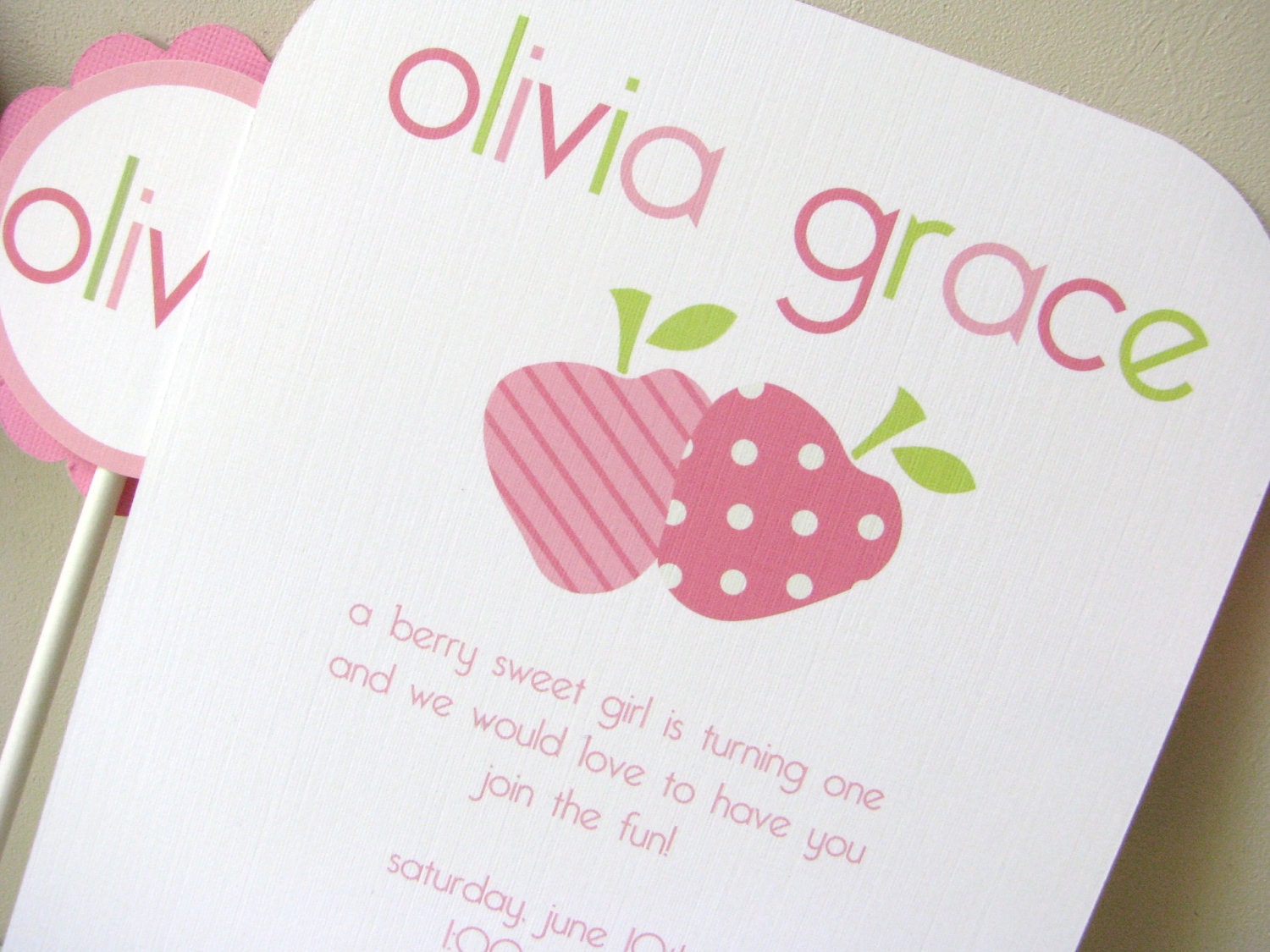 Pink and Green Strawberry Invitations, Set of 12 includes matching envelopes