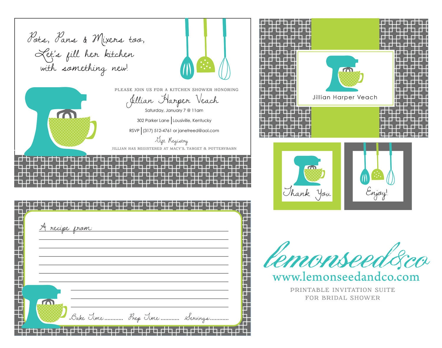 Printable Kitchen Shower Invitations, Bridal Shower Invitations, Housewares Party, Housewarming Party, Kitchen Invitations, Recipe Cards