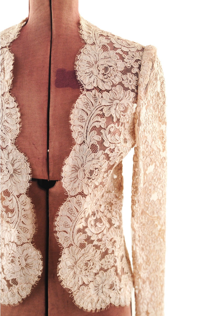 Vintage 1950's Sheer Mesh Floral Romantic Lace Cardigan Blouse S M