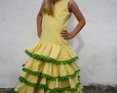 Antique Ruffled & Polka Dots Girl Dress Spanish Classic Flamenco Childrens Clothing