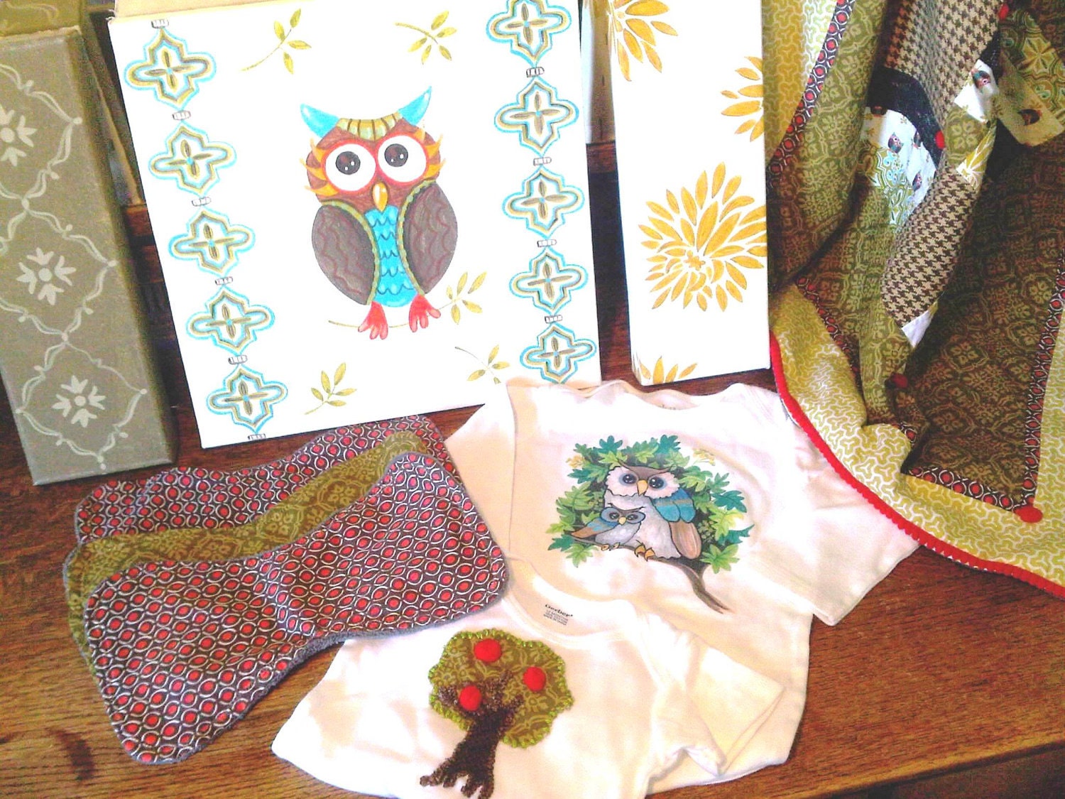 Owl Nursery Baby COLLECTION - Vintage Owl and Apple Tree - 9 pc set - Quilt, 3 Cloths, 3 Canvas Art , 2 Onesies - STANLEY CLYDE Line