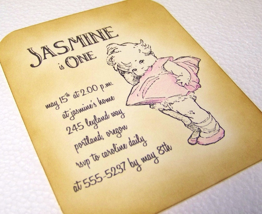 First Birthday - Invitations - Baby Girl - Retro - Vintage Appearance - Personalized - Flat Cards - Set of 6