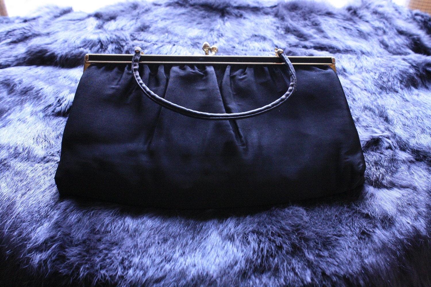 FINAL SALE Vintage 50s Matte Black Satin Gold Frame Snap Evening Bag