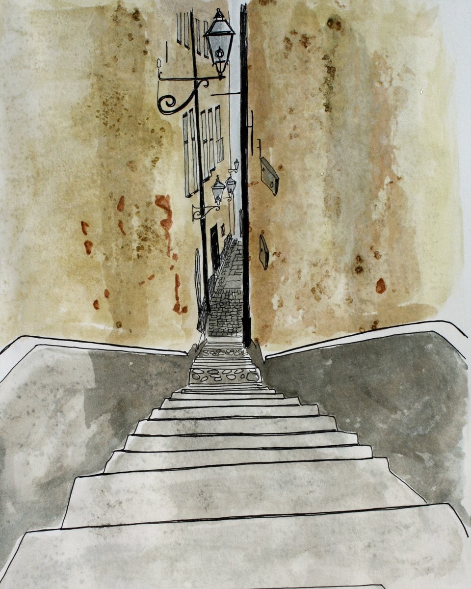 Swedish Art Print Stairway Stockholm Alley Scene No 4 -  Pen and Ink and Watercolor 8 x 10