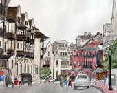 Florida Art Print Rosemary Beach  Street Scene No 1   Pen and Ink and Watercolor 5 x 7