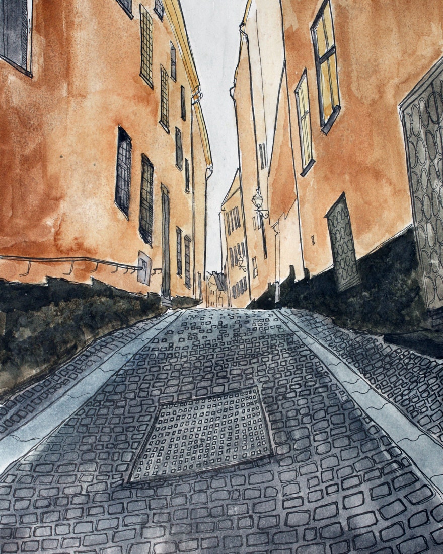 Art Print Stockholm Alley Scene No 5 -  Pen and Ink and Watercolor 8 x 10 - matted 11 x 14