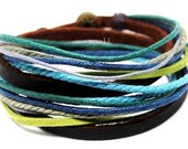 Cuff Bracelet Mens Bracelet Womens Bracelet Made of Black Leather and Ocean Ropes with Metal Snapper Adjustable C437