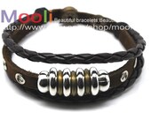 Adjustable Jewelry Bangle Bracelet Cuff Made of Leather and Color Beads Mens Bracelet A0003