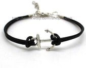 Anchor bracelet-antique silver little anchor charm bracelet&black leather chain