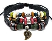 Adjustable Bracelet Cuff made of Black Leather  Ropes and Color Wooden Beads 1SZ-LH-308