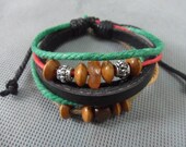 Multicolor Adjustable Leather  Ropes Bracelet Cuff with wooden stone and silver  bead ,SH-039