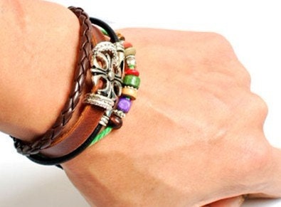 jewelry bangle leather bracelet men bracelet women Bracelet made of Leather and ropes ,tibetan silver ,wood beads metal bracelet SH-01028223