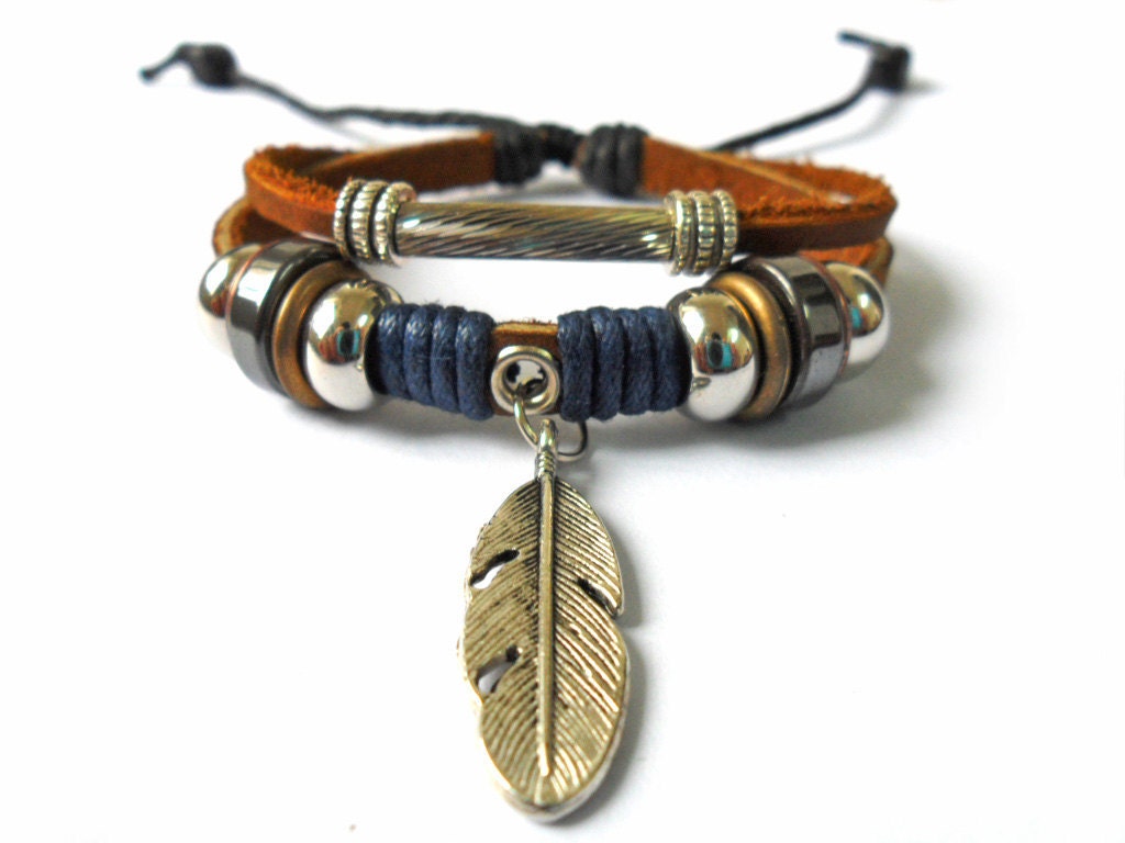 jewelry bangel metal leaf Adjustable Couple bracelets Cuff made of  real Leather Ropes and Color Wooden Beads