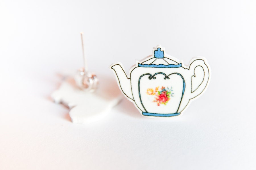 Teapot earrings, blue floral illustration