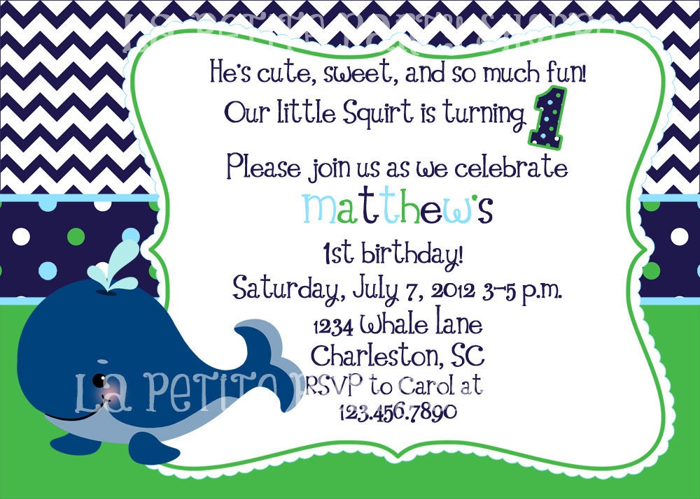 Cute, Preppy, Boys Whale  Invitation-DIY-You Print-Light Blue,Navy,Kelly Green