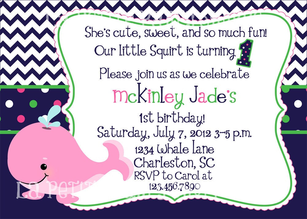 Cute, Preppy, Girls Whale Birthday Invitation-DIY-You Print-Pink Navy Il_570xn