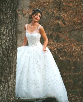 Southern Belle wedding gown of white satin and embroidered organza