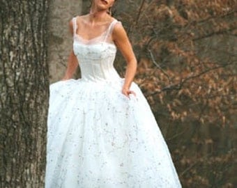 Southern Belle wedding gown of white satin and embroidered organza