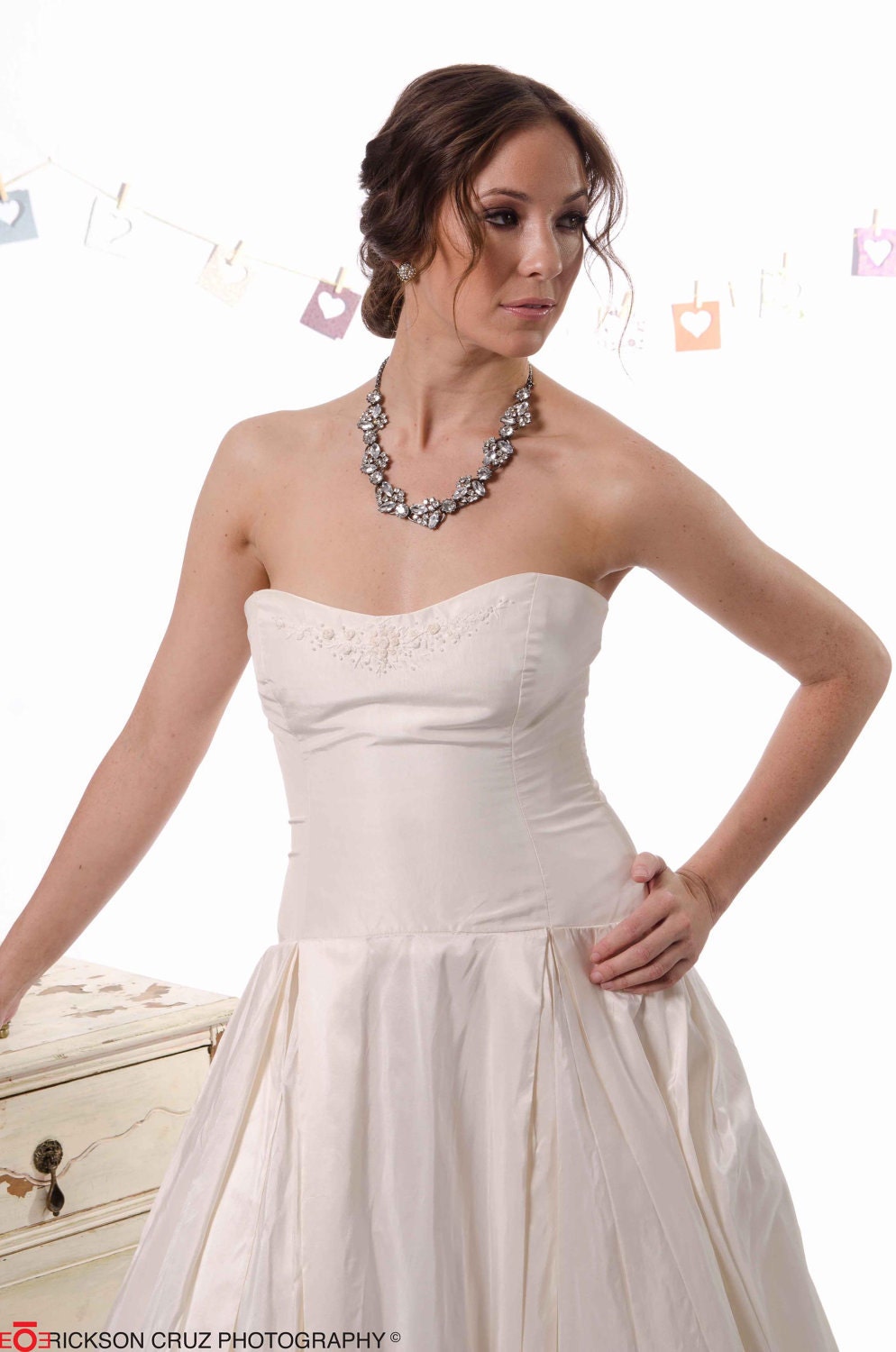 Strapless white silk taffeta Bridal Gown with silk ribbon embroidery enhanced with pearls and Swarovski  crystals