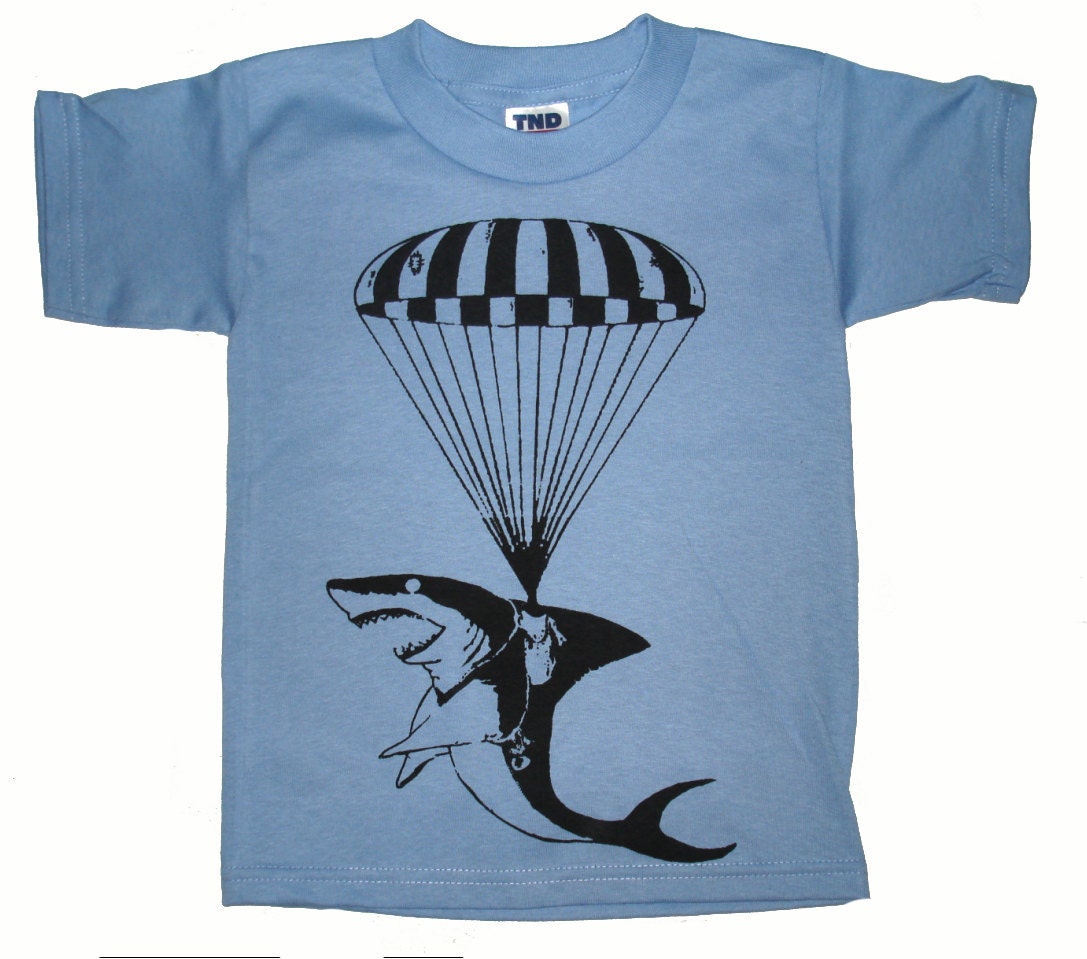 Kids Shark Paratrooper  Boy T Shirt - American Apparel Childrens Tshirt - Sizes 2 4 6 8 10 and 12 (12 Color Options)