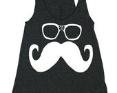 Womens Mustache and Wayfarer Glasses Tri-Blend Racerback Tank - american apparel tanktop shirt - XS, S, M, and L (9 Color Options)