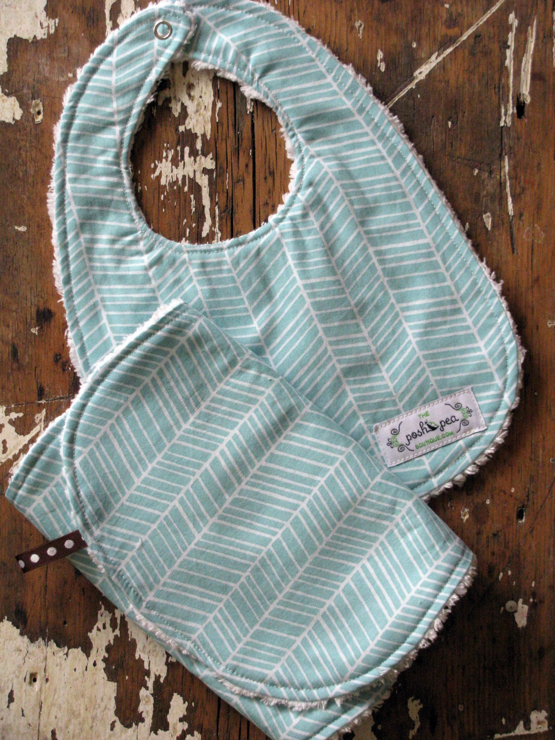 Baby Bib & Burp Cloth Set - Aqua Herringbone - Gender Neutral