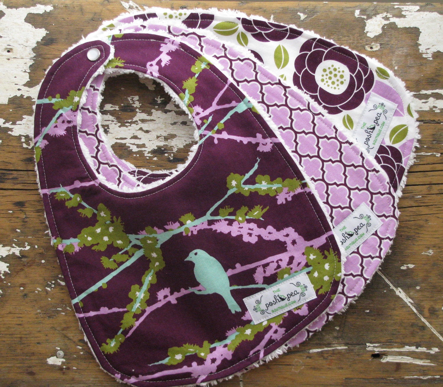 Baby Bibs for Baby Girl - Set of 3 - Plum & Lilac Bloom - Joel Dewberry