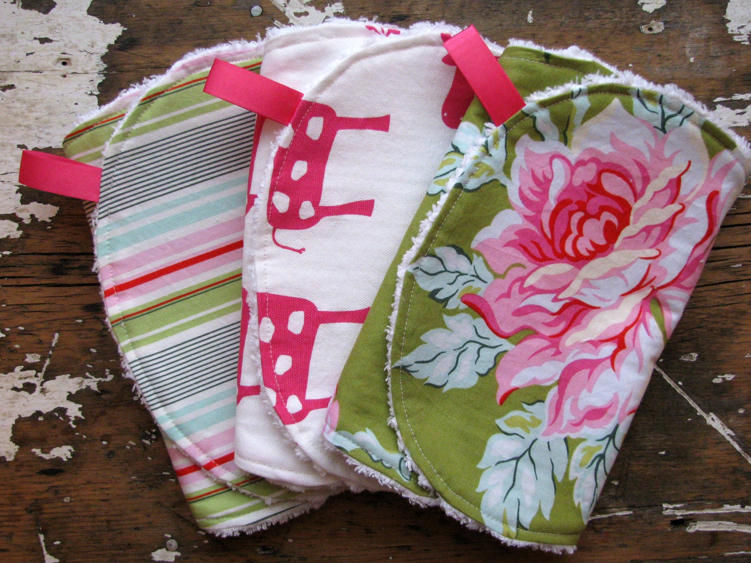 Baby Girl Burp Cloths - Hot Pink and Green - Set of 3 - Roses, Giraffes and Stripes