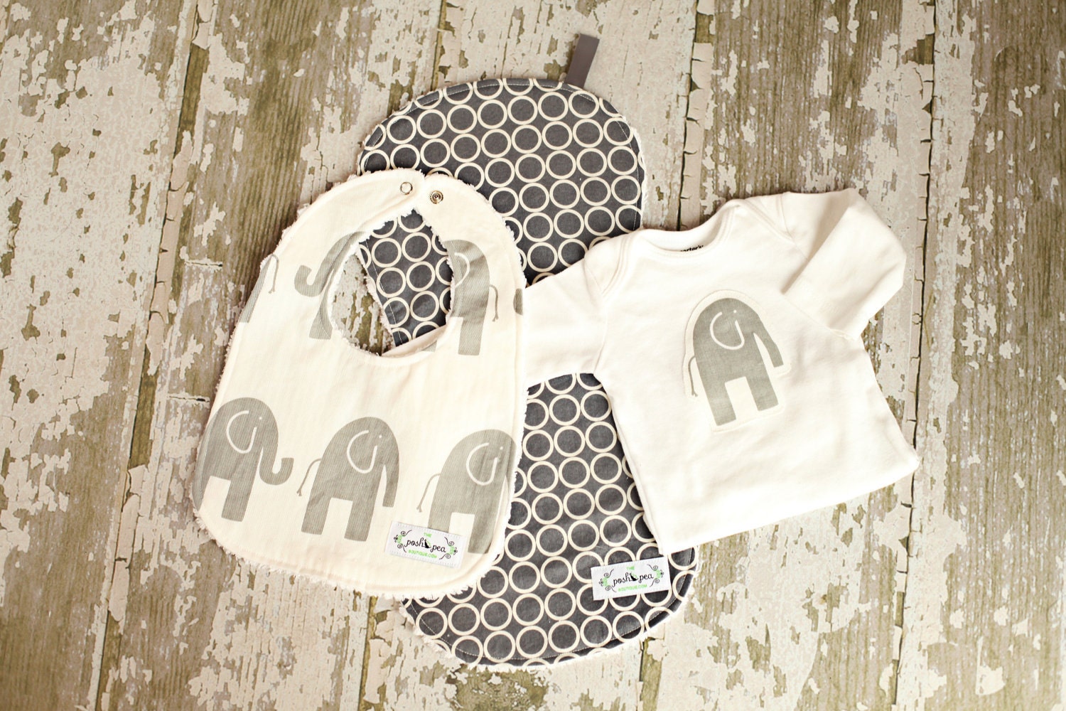 Baby Gift Set - Bib Burp & Bodysuit - Grey Elephant and Grey Circles - Gender Neutral
